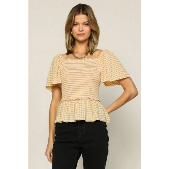 💕SKIES ARE BLUE💕 Checkered Smocked Top Yellow Mustard Gingham Print Large NWT - Picture 5 of 16